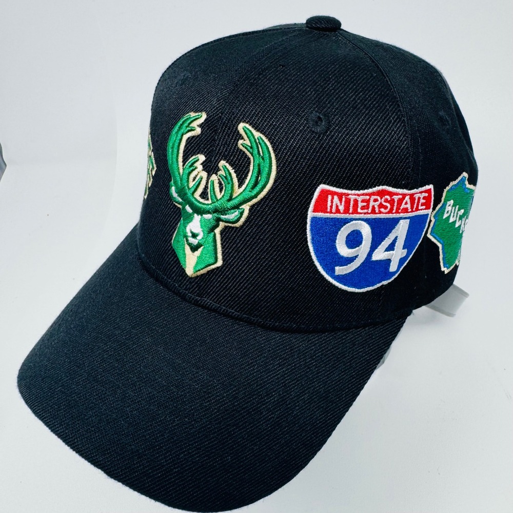 Mitchell & Ness Milwaukee Bucks NBA Snapback Hat Black I-94 Beer Patch Cap Mens